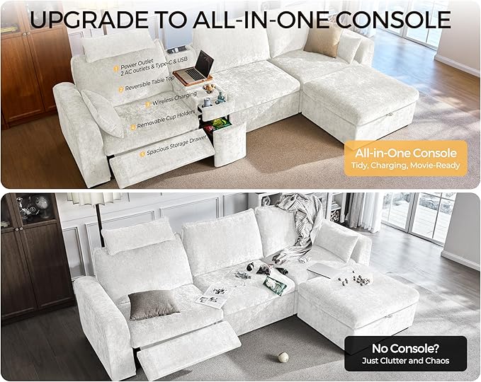 Versatile Console for Olar Oversized Modular Couch Fuctional Side Table Wireless Charging Outlets Cup Holders Storage Drawer Combined with Sofa Seat by U-connectors Chenille White