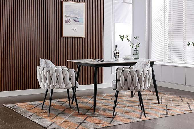 Beige Modern Velvet Dining Chairs Set of 2 Hand Weaving Accent Chairs Living Room Chairs Upholstered Side Chair with Black Metal Legs for Dining Room Kitchen Vanity Living Room