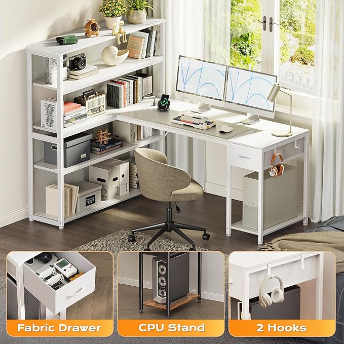 PRAISUN 57 Inch L Shaped Gaming Computer Desk with Larger Open Cabinet Reverisble Office Desk with Power Outlets LED Lights Work Desk Fabric Drawer Adjustable Wood and Mesh Shelf White