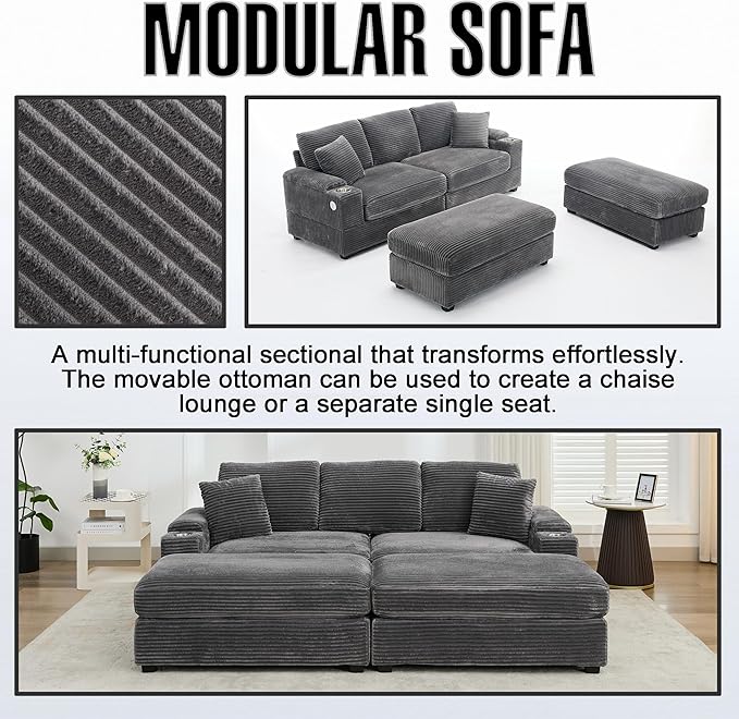86.6 Sectional Sofa Couch with 2 Ottomans Comfy Corduroy Upholstered Cloud Modular Convertible Couch with Cup Holders and USB Armrest Storage Deep Seat Oversized Loveseat for Living Room (Gray)