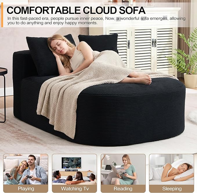 46 Chaise Lounge Chair Indoor Cloud Sleeper Sofa Bed with Pillows Corduroy Upholstered Sofa Couch for Living Room Apart No Assembly Required Black