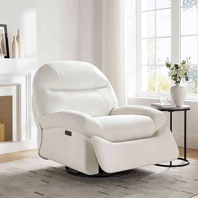 VANOMi Power Recliner Chair with USB &amp Type-C Charging 270° Swivel Glider Rocker Electric Nursery Recliner for Living Room Bedroom and Office White
