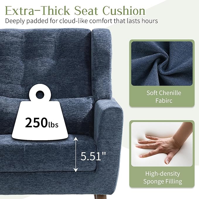 cinkehome Accent Arm Chairs for Living Room Chenille Upholstered Mordern Armchair Comfy Soft Padded Lounge Chair in Small Spaces Bedroom Pillow Solid Wood Leg Blue