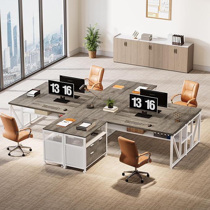 Tribesigns L-Shaped Desk with Drawers 63 Executive Office Desk with Mobile File Cabinet and Storage Shelves Home Office Business Furniture Set (Gray White)