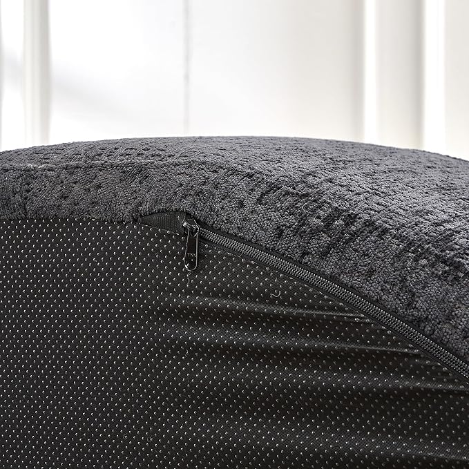 55''W Chenille Oversized Round Chaise Longue Chair Indoor Upholstered Deep Seat Floor Sofa Chair with Pillow No Assembly Required Single Sofa Armchair for Living Room(Chenille Black)