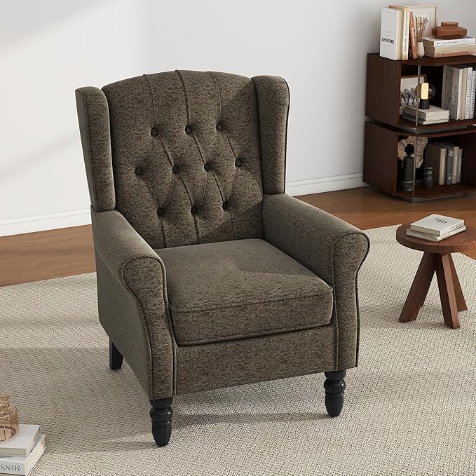 UIXE High Back Accent Chair Fabric Upholstered Armchair Retro Wingback Arm Chair for Living Room Comfy Single Sofa Bedroom Reading Seat with Solid Wood Legs - Tan Taupe