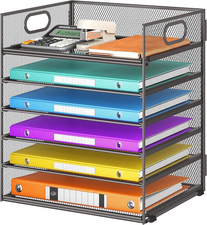 6 Tiers Letter Tray Paper Organizer With Handle Mesh Desk File Organizer Metal Desktop Document Shelf Paper Sorter for Office Home or School File Folder Holder - Grey