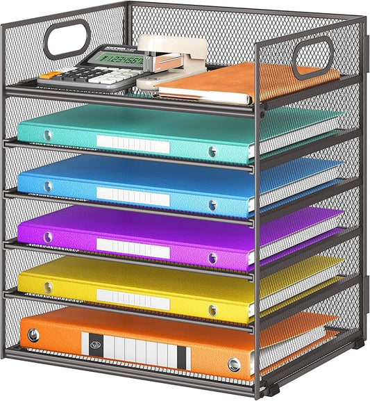 6 Tiers Letter Tray Paper Organizer With Handle Mesh Desk File Organizer Metal Desktop Document Shelf Paper Sorter for Office Home or School File Folder Holder - Grey