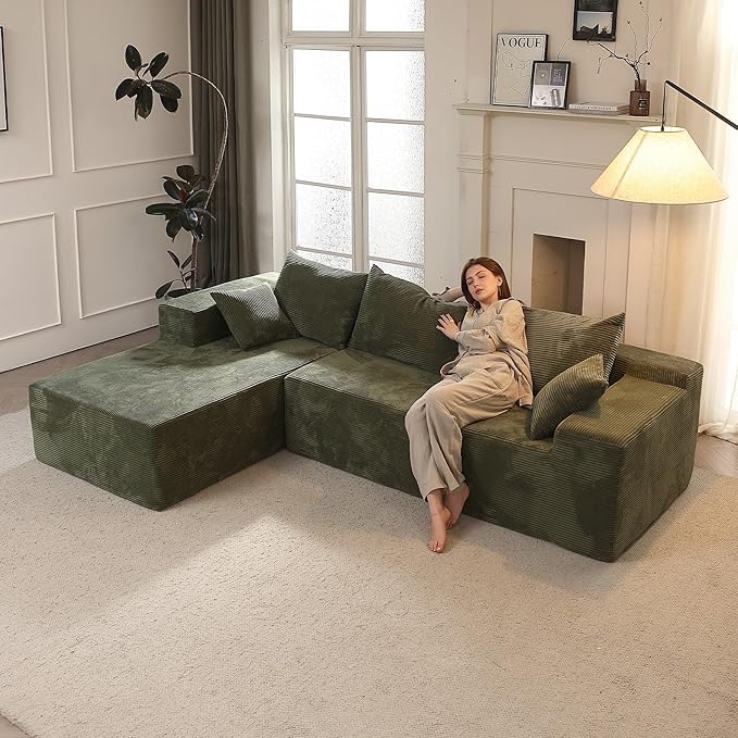 Green 103“ Sectional Couches for Living Room Boneless Couch with L-Shape Chaise Modular Sofa in Box with Deep Seat No Assembly Required