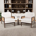 Giantex Mid Century Modern Accent Chair Set of 2 Boho Boucle Living Room Arm Chair w/Rattan Arms Wooden Frame Thick Cushion Pillow Sherpa Reading Side Chair for Bedroom Balcony Brown + Beige