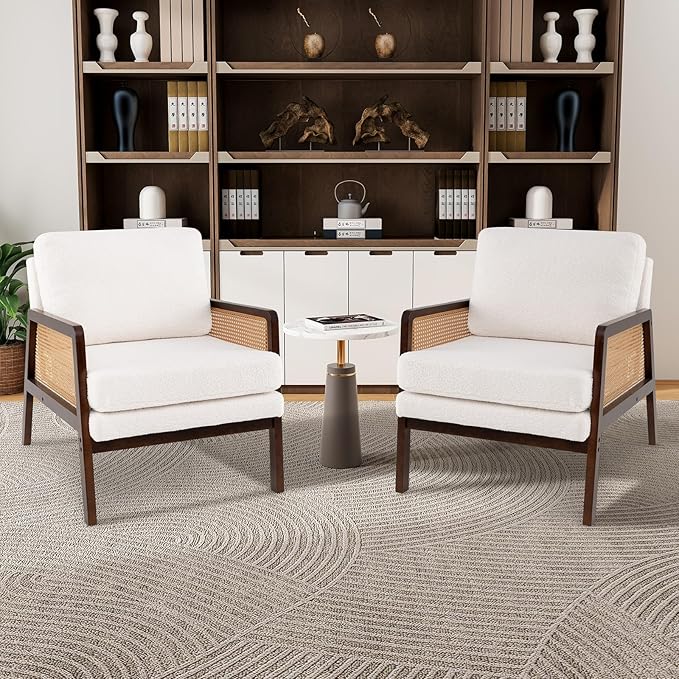 Giantex Mid Century Modern Accent Chair Set of 2 Boho Boucle Living Room Arm Chair w/Rattan Arms Wooden Frame Thick Cushion Pillow Sherpa Reading Side Chair for Bedroom Balcony Brown + Beige