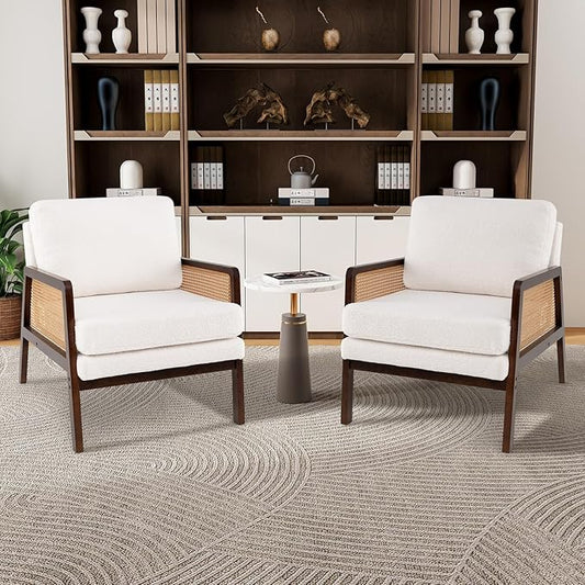 Giantex Mid Century Modern Accent Chair Set of 2 Boho Boucle Living Room Arm Chair w/Rattan Arms Wooden Frame Thick Cushion Pillow Sherpa Reading Side Chair for Bedroom Balcony Brown + Beige