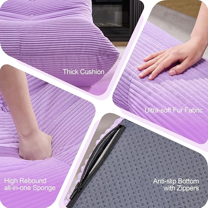Bean Bag Chairs for Adults Giant Bean Bag Chair Memory Foam BeanBag Chair Bean Bag Sofa with Filler Faux Fur Fireside Beanbags Lazy Sofa for Living Room Bedroom Office (Purple Corduroy Single)