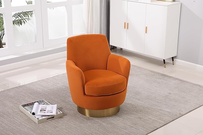 Velvet Swivel Barrel Chair Armchair for Living Room Reading Chairs for Bedroom Comfy Round Barrel Chairs with Gold Stainless Steel Base for Living Room Bedroom Reading Room (Orange)