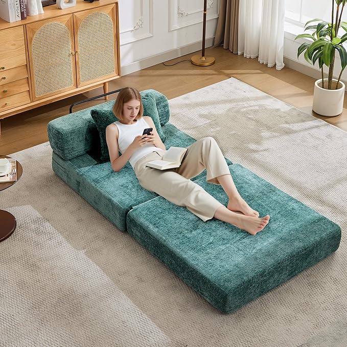 Folding Sofa Bed Convertible Floor Sleeper Chair Comfy Futon Floor Couch 2 in 1 Pull Out Single Boneless Sofa for Living Room Bedroom No Assembly (Chenille Dark Green)