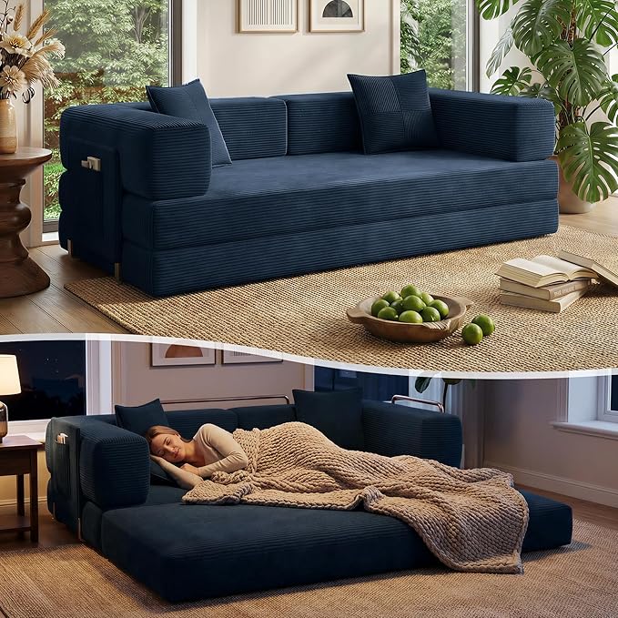 78.8 Convertible Sofa Bed with Armrest Pillow 4-in-1 Sleeper Couch Bed for Livingroom Modular Corduroy Boneless couches No Assembly (Blue)