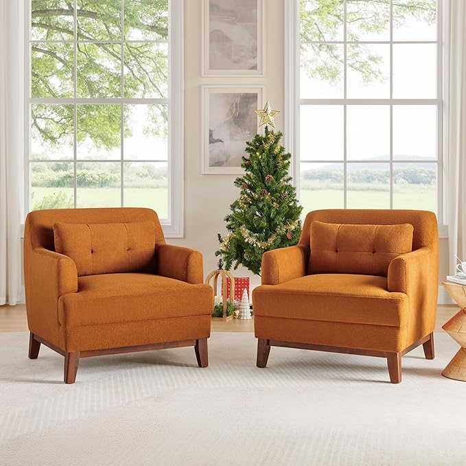 VANOMi Modern Accent Chairs Terry Fabric Living Room Chairs with Cushion Mid-Century Modern Comfy Reading Chair for Bedroom Corner Apartment Orange