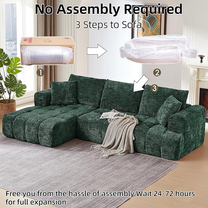 110 Inch Cloud Sectional CouchModern Upholstered Sofa with Deep SeatChenille Boneless Couches with L-Shape ChaiseSponge Compressed Couches for Living Room (Dark Green Left Facing Chaise)
