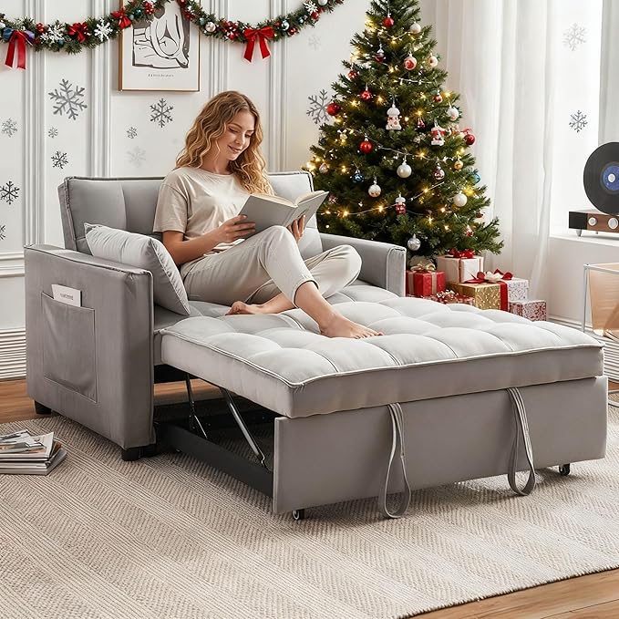 3-in-1 Loveseat Sleeper Sofa Modern 55.5 Pull Out Couch Velvet Upholstered Futon Sofa Bed with Adjustable Backrest Convertible Sofa Bed with Storage Pockets for Living Room(Light Grey)