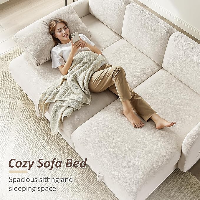 84-inch Sleeper Sofa Bed L-Shaped Corner Reversible Sleeper Sectional Sofa with Storage Chaise 2 in 1 Cloud Terry Convertible Pull Out Couch for Small Space Bedroom Apartment Office Living Room