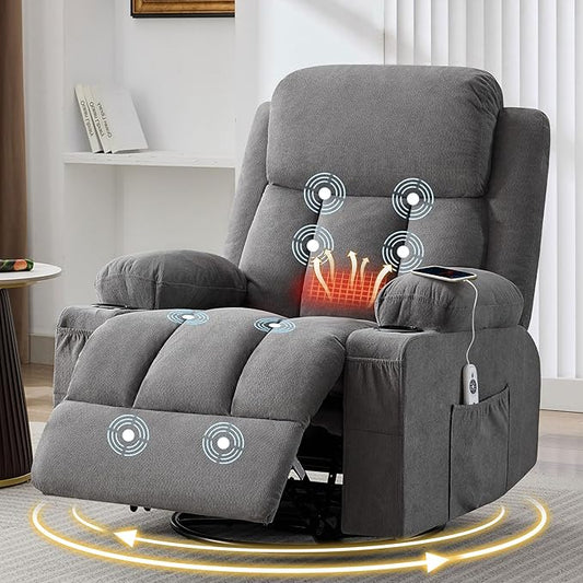 Swivel Rocker Recliner Chair with Vibration Massage and Heat for Living Roomwith Rocking Function and Side Pocket USB Charge Port2 Cup Holders