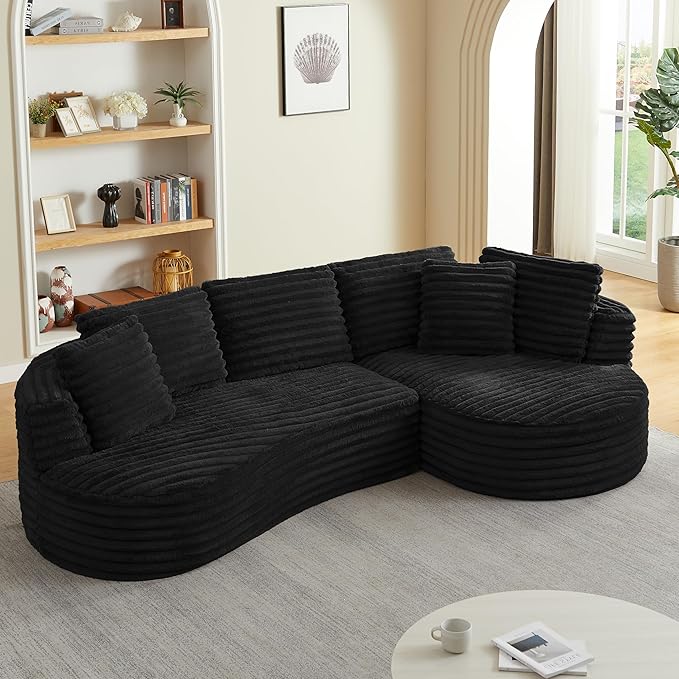 Modern Boneless Curved Sectional Sofa Oversized Minimalist L-Shape Corduroy Sponge Sofa with Round Chaise Comfy Sleeper Couch for Living Room Apartment Reception Spaces 4 Seat Black Right Chaise