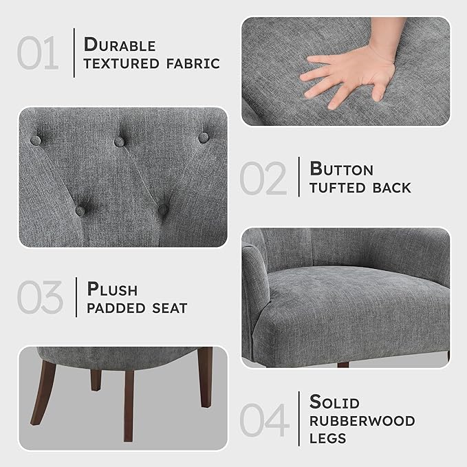 Lexicon Modern Accent Chair Textured Fabric Upholstered Arm Chair with Button Tufted Back Sloped Flared Arms and Wooden Legs for Living Room/Bedroom Charcoal