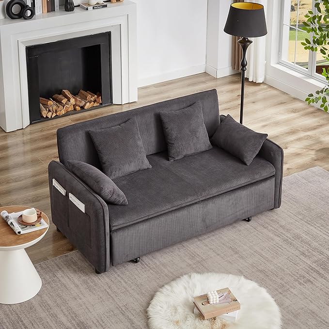Ball &amp Cast 66 Convertible Sofa Bed3-in-1 Corduroy Loveseat Sleeper Pull Out Couch Bed with Pillows and Side Pockets Deep Seat Comfy Sofa Couches for Living RoomApartmentDark Grey