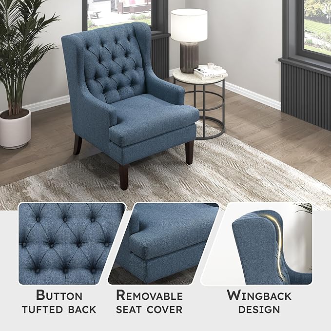 Lexicon Living Room Accent Chair Textured Fabric Upholstered Reading Chair Button-Tufted High Wingback for Living Room/Bedroom/Office Blue
