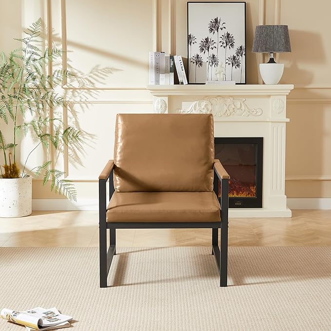 Ball &amp Cast Cloth ArmchairRetro Leisure Accent Chair with Extra Soft Padded &amp CushionMetal Armrests Modern Reading Arm Chair W/Metal Framefor Living Room/Office/Bedroom/StudyCamel