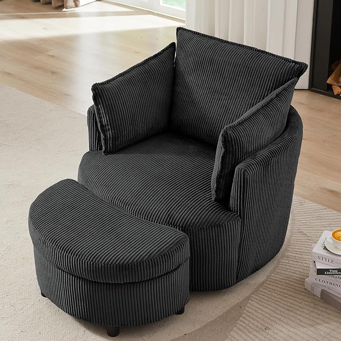 Swivel Accent Chair Round Barrel Armchair with Storage Ottoman Upholstered Corduroy Fabric for Living Room Apartment Office (Black 2-Piece)