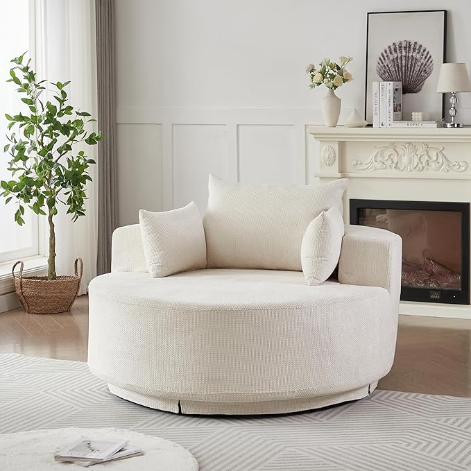 KEIKI 55 Oversized Swivel Accent Chair Chenille Barrel Chairs Upholstered Round Swivel Chair Single Sofa Armchair Sleeper Chair for Living Room Lounge Beige