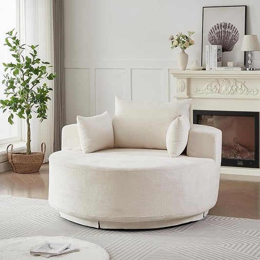 KEIKI 55 Oversized Swivel Accent Chair Chenille Barrel Chairs Upholstered Round Swivel Chair Single Sofa Armchair Sleeper Chair for Living Room Lounge Beige