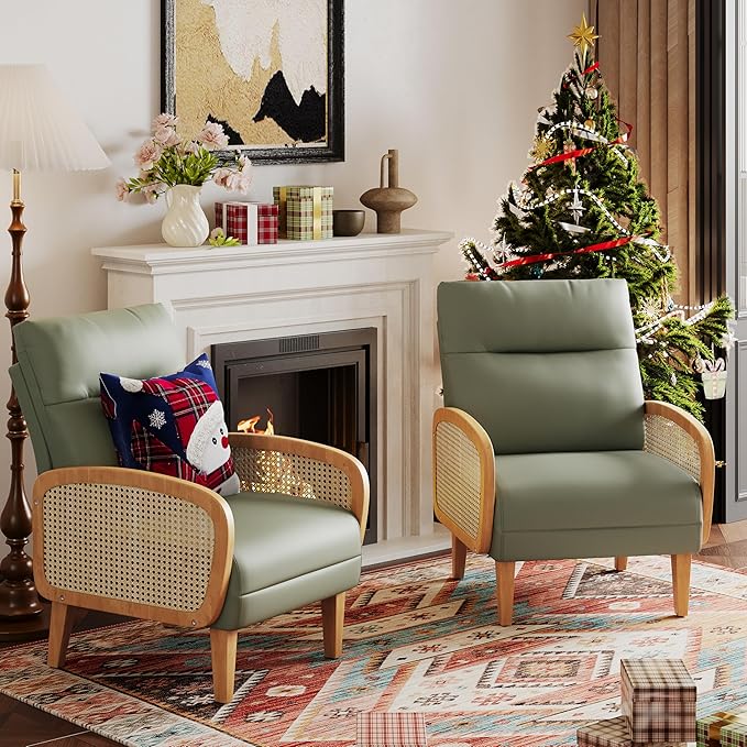 Andeworld Accent Chair Set of 2Upholstered Modern Living Room Chairs with Natural Rattan Arm Faux Leather Arm Chair with Wooden Legs for Bedroom Club Balcony Reception Green