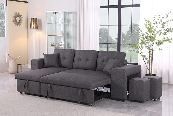 95 Reversible Sectional Sofa with Pull Out Sleeper Loveseat and Storaged ChaiseLinen Upholstered Couch W/ 2 Small Ottoman &amp Armrestfor DormApartmentStudioOfficeDark Gray