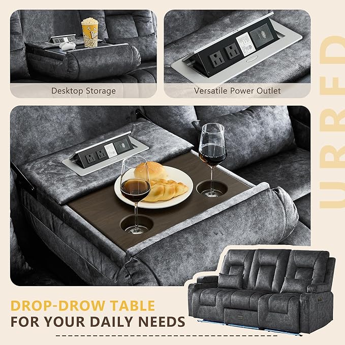 URRED Wall Hugger Power Recliner Sofa RV Double Reclining 3-Seater Couch for Living Room with LED Lights USB Ports Cup Holders and Side Pockets Outlets Drawer Velvet Fabric - Gray