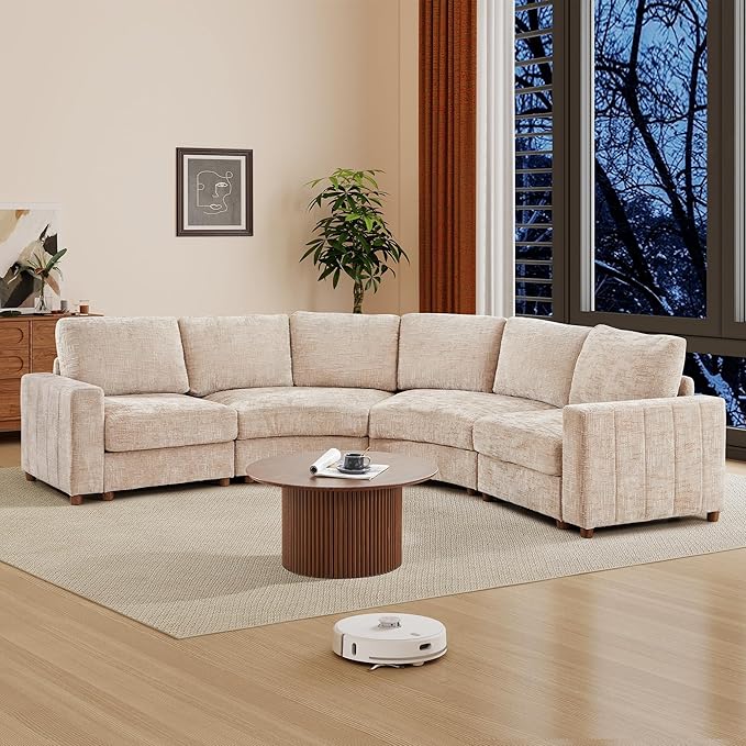 ORRD Curved Sectional Sofa Convertible L Shaped Couch with Deep Seat Boucle Modular Sectional Sofa with Pillows Curved Chenille Comfy Corner 4 Seat Couch for Living Room Beige