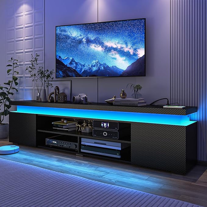 LED TV Stand for 95 Inch TV Modern TV Stand with Power Outlet TV Console Entertainment Center with Storage and LED Lights for Living Room Bedroom (83 Inch Black Carbon Fiber)