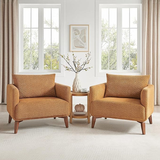 Oversized Accent Chair Modern Boucle Armchair for Living Room Sets of 2 - 37 Wide &amp Cozy Reading Accent Chair with Solid Wood Legs Curry Upholstered Lounge Chair for Bedroom &amp Office (Easy A