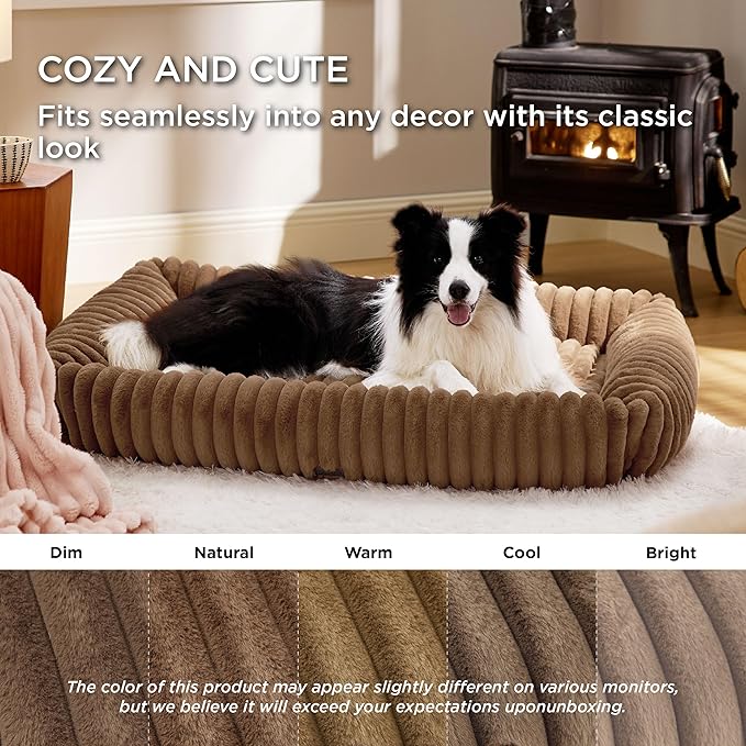 Bedsure ComfyFleece™ Cute Dog Bed for Extra Large Dogs - Washable Furry Puppy Beds Rectangle Orthopedic XL Pet Beds with Removable Zipper Cover 43x30x8inches Camel Brown