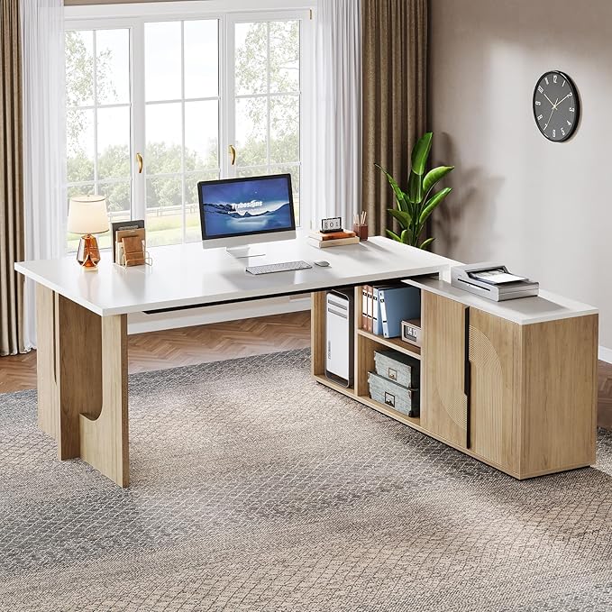 Tribesigns 74.8 Inch Executive Desk Large Office Desk with Cabinet L Shaped Computer Desk with Shelves and CPU Storage Modern Home Office Desks Business Furniture Workstation Set White and Wood