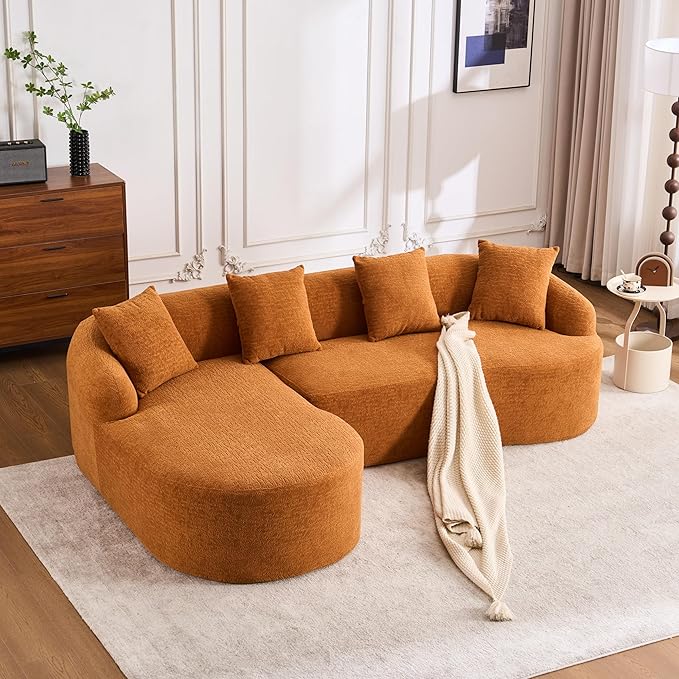 DEINPPA L Shape Modular Couch 3-Seater Chenille Comfy Couch with Throw Pillows Modern Cloud Sofa for Living Room Apartment-Orange