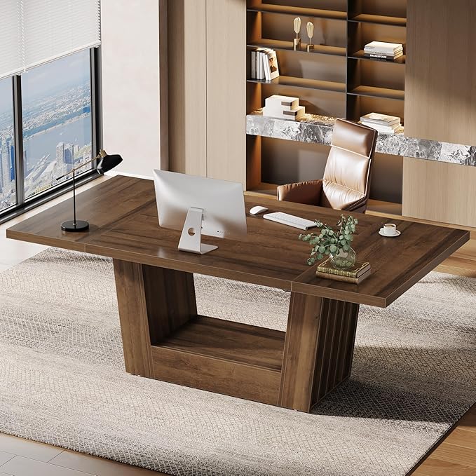 Tribesigns 63'' Wood Executive Office Desk Modern Computer Home Office Desk with Robust Base Large Wooden Conference Table Business Workstation for Home Office Walnut Brown