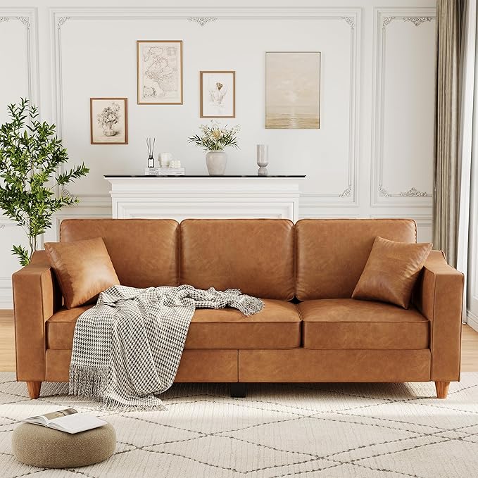 GarveeHome 3-Seater Sofa Couch with 2 Throw Pillows 85 Inches Faux Leather Couch with Wide Armrests Deep Seats Wood Legs Back Cushion Sturdy Support Feet Couches for Living Room Office Brown