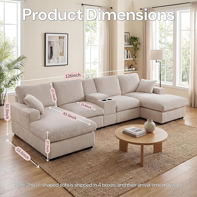 126 U Shaped Sofa Modular Sectional Sofa with Chaise Lounges Modern Couch with Storage Console USB Charging Ports &amp Cup Holders Corduoy Upholstered Deep Seat Couch for Living Room Beige | st