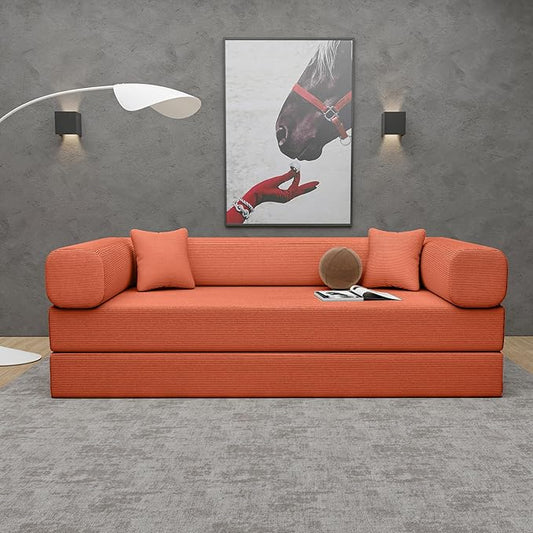 Convertible Sleeper Sofa Bed with Upgraded All High-density 35D Foam No Assembly Foldable Sleeper Couch Folding Floor Boneless Mattress Lounge Couch for Living Room Bedroom Apartment Office Orange