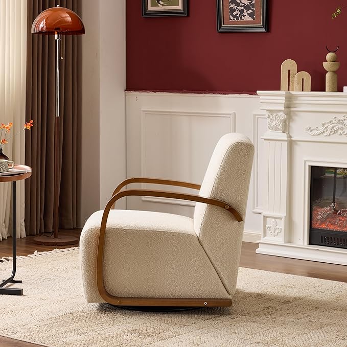 Modern Comfortable Reading Chair360°Swivel Accent Chair with Solid Wood Curved ArmsElegant Knit Linen Single Sofa for Living RoomBedroomOfficeReading NookBeige