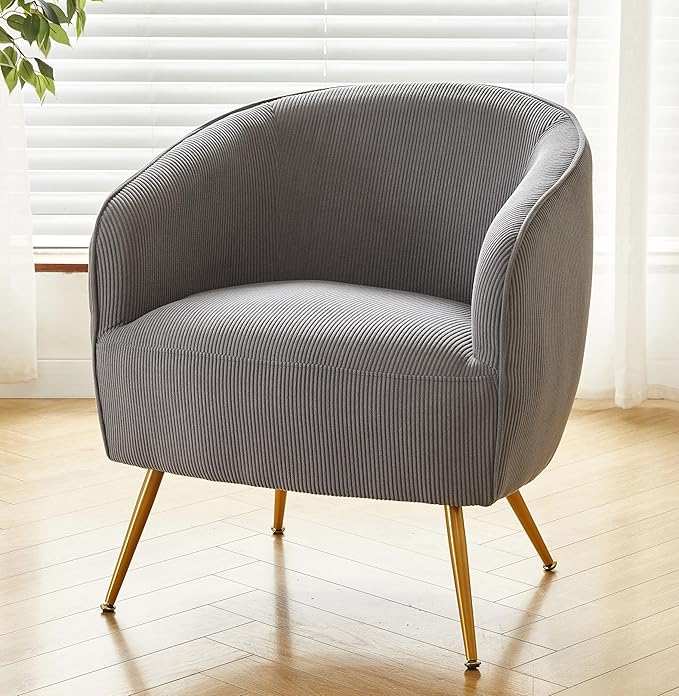 Modern Corduroy Accent Chair with Gold Metal Legs Channel Back Design and Soft Upholstery Comfortable Seating for Living Room Bedroom or Office Grey