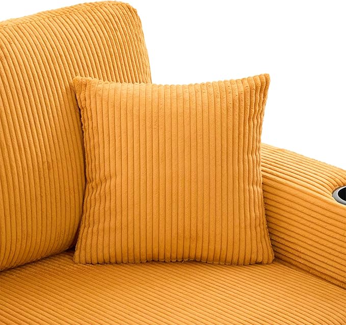 SLEERWAY 76.8 L-Shaped Sofa with Storage Ottoman USB Ports Cup Holders&ampLED Lights Side Pocket Comfy Corduroy Modern 3-Seater Small Couch Bed for Living Room with 2 Throw Pillows (Yellow)