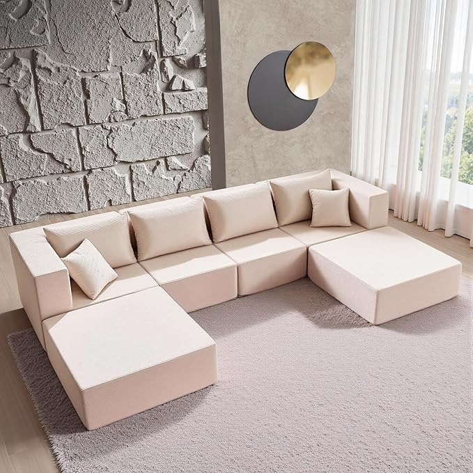 YINIX 140 Modular Sectional Sofa Couches Corduroy Sleeper Deep Seat Sofa Bed Comfy Cloud Couch for Living Room Floor Sofa 6 Piece Free Combination Compression No Assembly Required Beige